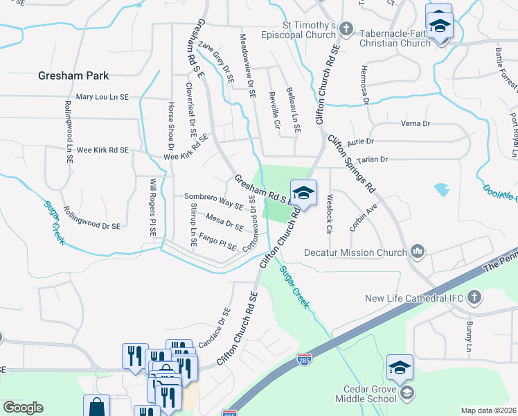 map of restaurants, bars, coffee shops, grocery stores, and more near 3024 Cottonwood Drive Southeast in Atlanta