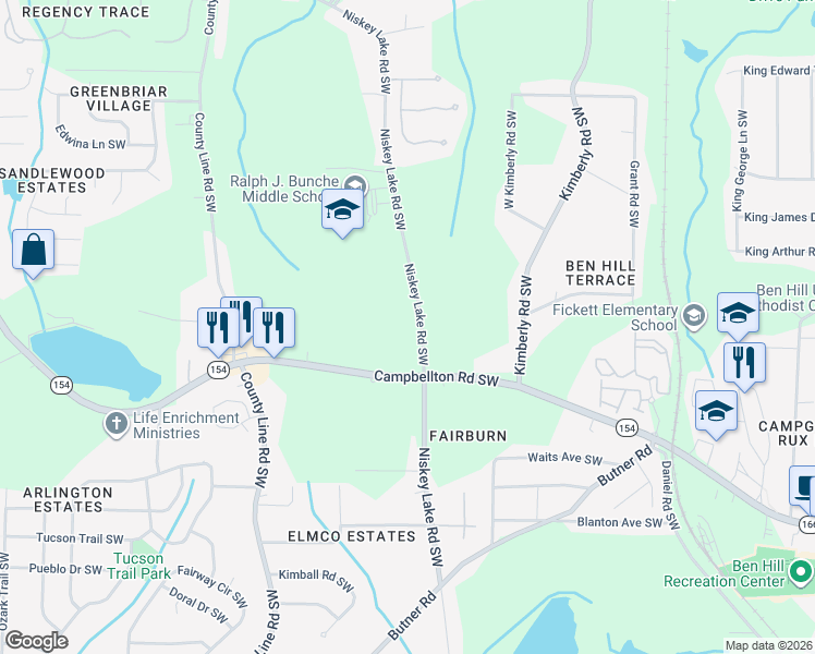 map of restaurants, bars, coffee shops, grocery stores, and more near 2072 Niskey Lake Road Southwest in Atlanta
