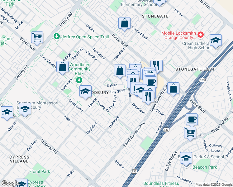 map of restaurants, bars, coffee shops, grocery stores, and more near 54 City Stroll in Irvine