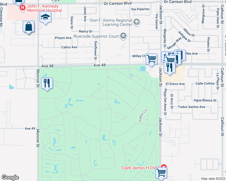 map of restaurants, bars, coffee shops, grocery stores, and more near 82518 Bogart Drive in Indio