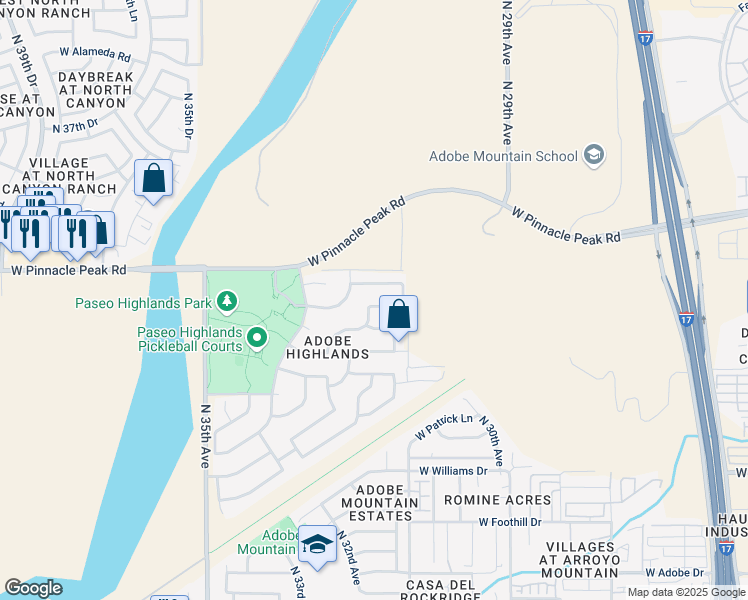 map of restaurants, bars, coffee shops, grocery stores, and more near 3141 West Casitas Del Rio Drive in Phoenix