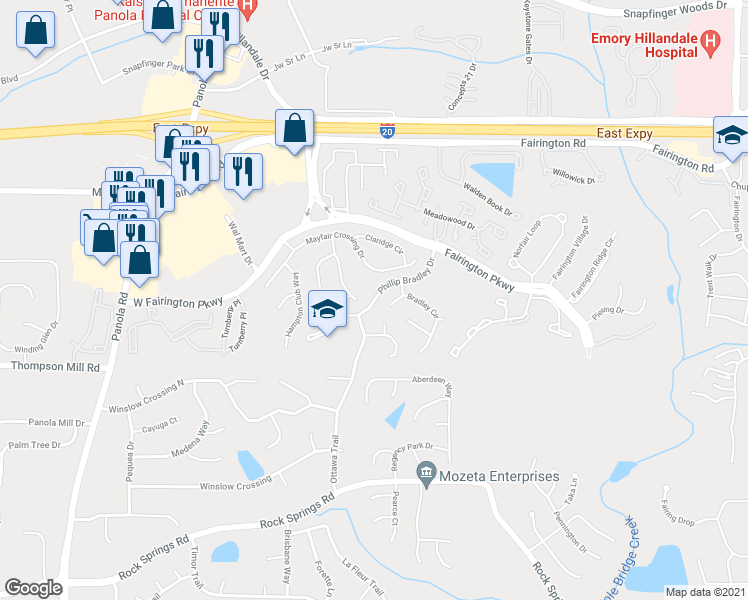 map of restaurants, bars, coffee shops, grocery stores, and more near Phillip Bradley Drive in Lithonia