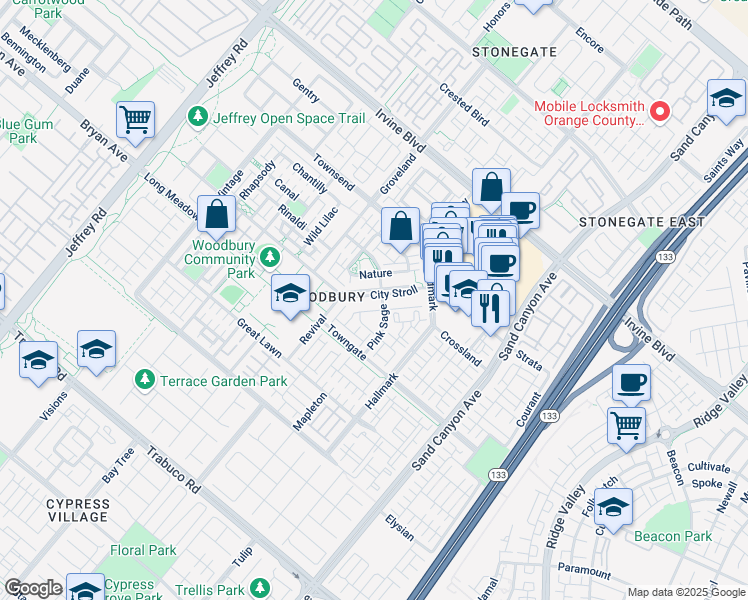 map of restaurants, bars, coffee shops, grocery stores, and more near 40 City Stroll in Irvine