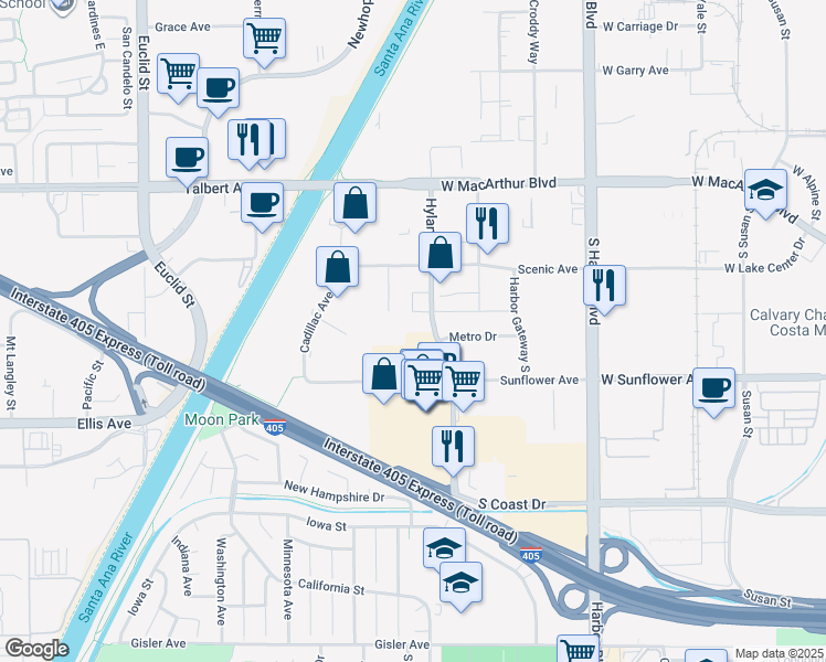 map of restaurants, bars, coffee shops, grocery stores, and more near in Costa Mesa