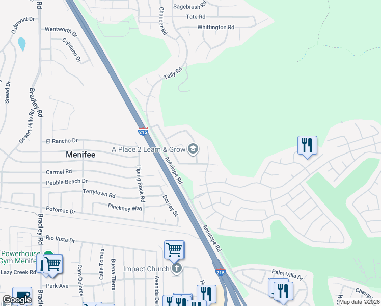 map of restaurants, bars, coffee shops, grocery stores, and more near 27752 High Gate Court in Menifee