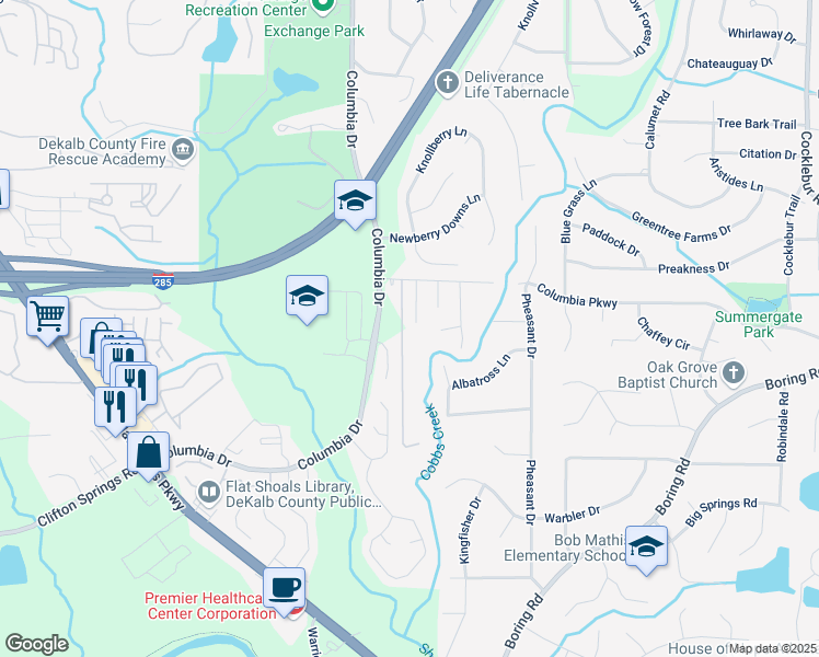 map of restaurants, bars, coffee shops, grocery stores, and more near 3015 Cascade Manor Drive in Decatur