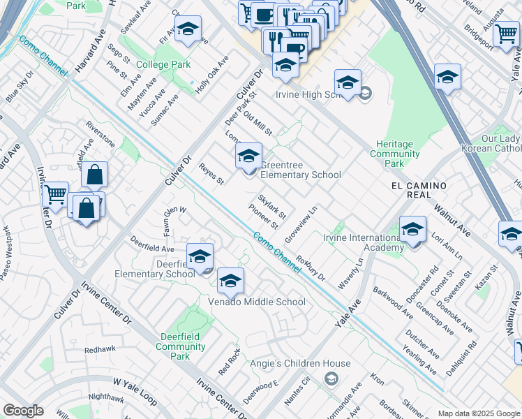 map of restaurants, bars, coffee shops, grocery stores, and more near 4311 Pioneer Street in Irvine