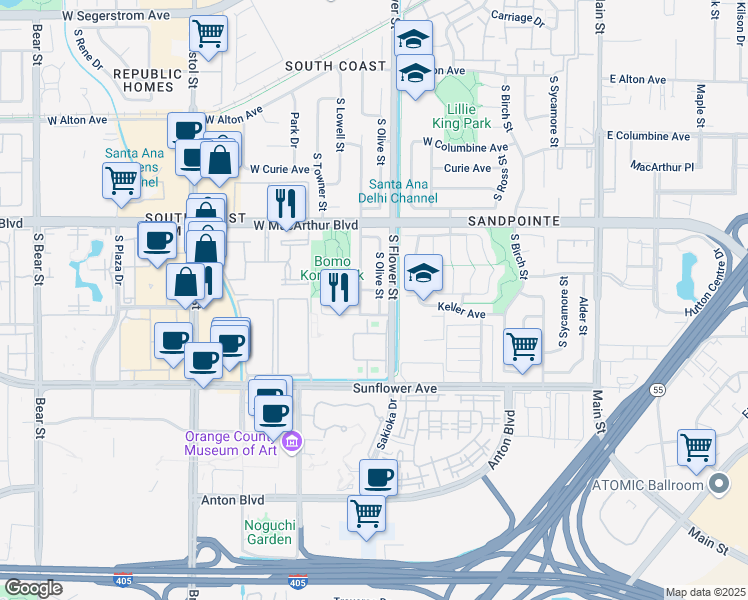 map of restaurants, bars, coffee shops, grocery stores, and more near 3729 South Olive Street in Santa Ana
