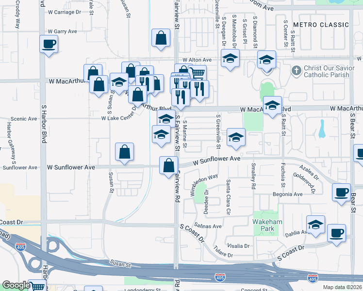map of restaurants, bars, coffee shops, grocery stores, and more near 3720 South Marine Street in Santa Ana
