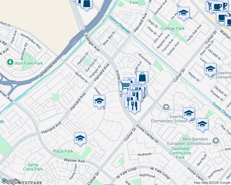 map of restaurants, bars, coffee shops, grocery stores, and more near 11 Pienza in Irvine