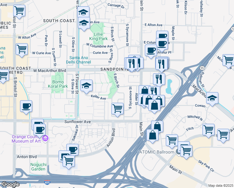 map of restaurants, bars, coffee shops, grocery stores, and more near 3717 South Birch Street in Santa Ana