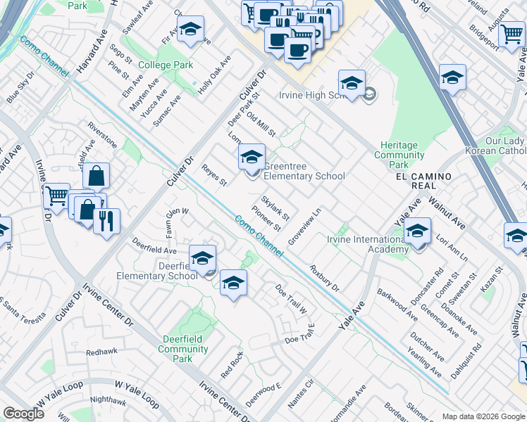 map of restaurants, bars, coffee shops, grocery stores, and more near 4311 Pioneer Street in Irvine