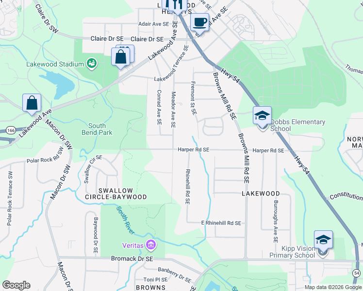 map of restaurants, bars, coffee shops, grocery stores, and more near 288 Harper Road Southeast in Atlanta