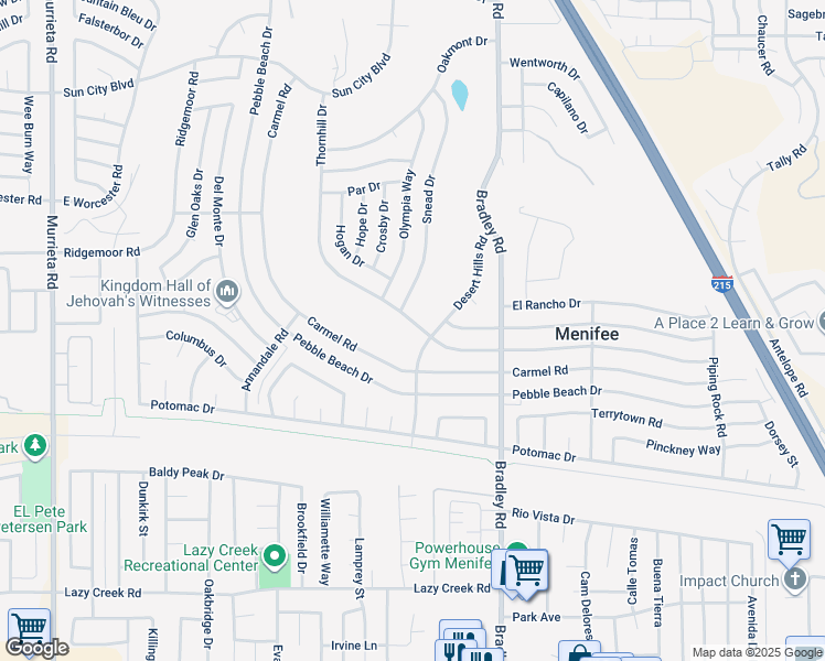 map of restaurants, bars, coffee shops, grocery stores, and more near 29151 Thornhill Drive in Menifee