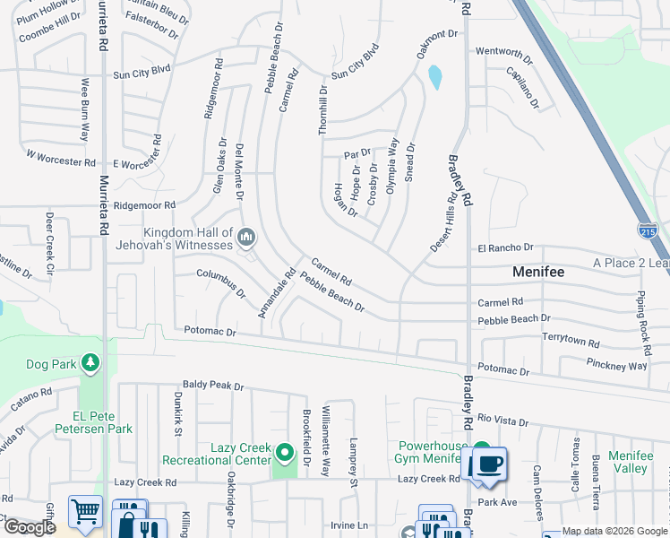 map of restaurants, bars, coffee shops, grocery stores, and more near 29280 Carmel Road in Menifee