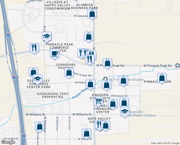 map of restaurants, bars, coffee shops, grocery stores, and more near 1905 West Pinnacle Peak Road in Phoenix