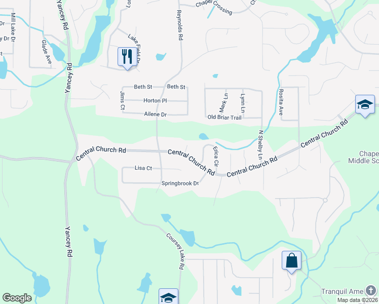 map of restaurants, bars, coffee shops, grocery stores, and more near 4912 Central Church Road in Douglasville