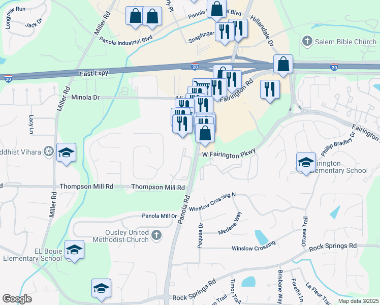 map of restaurants, bars, coffee shops, grocery stores, and more near 3079 Panola Road in Stonecrest