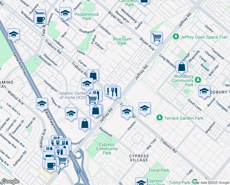 map of restaurants, bars, coffee shops, grocery stores, and more near 65 Secret Garden in Irvine