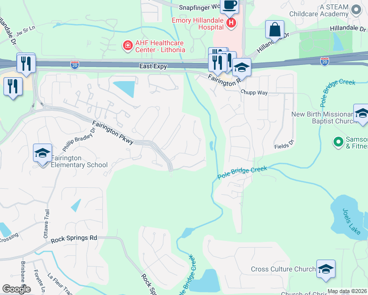 map of restaurants, bars, coffee shops, grocery stores, and more near 2635 Parrish Court in Stonecrest