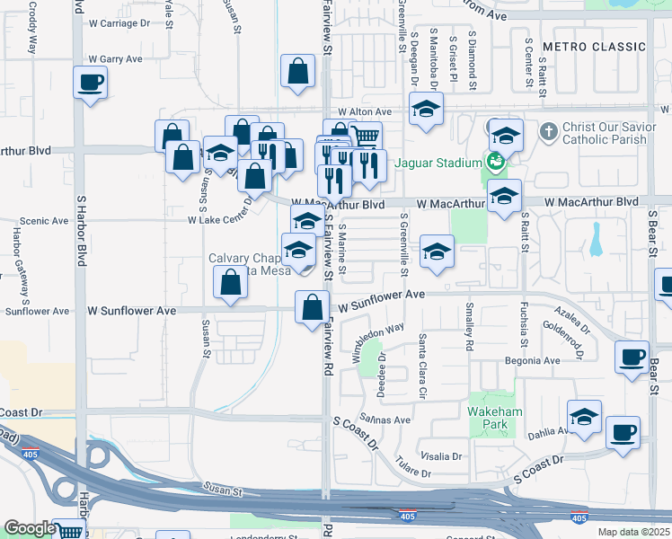 map of restaurants, bars, coffee shops, grocery stores, and more near 3714 South Marine Street in Santa Ana