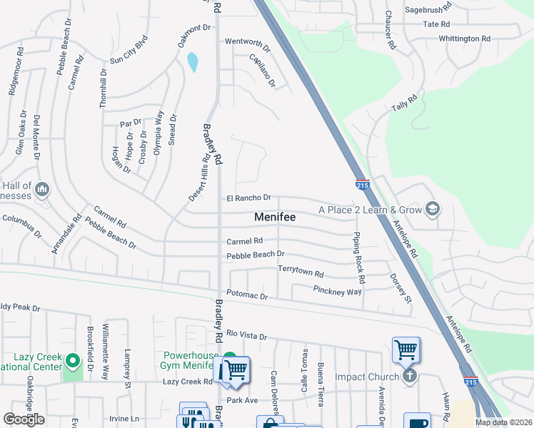 map of restaurants, bars, coffee shops, grocery stores, and more near 27161 Pinehurst Road in Menifee