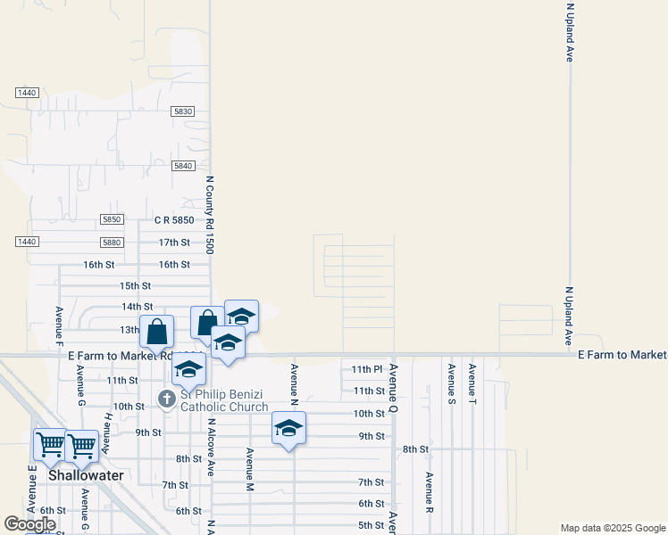 map of restaurants, bars, coffee shops, grocery stores, and more near 1404 16th Street in Shallowater