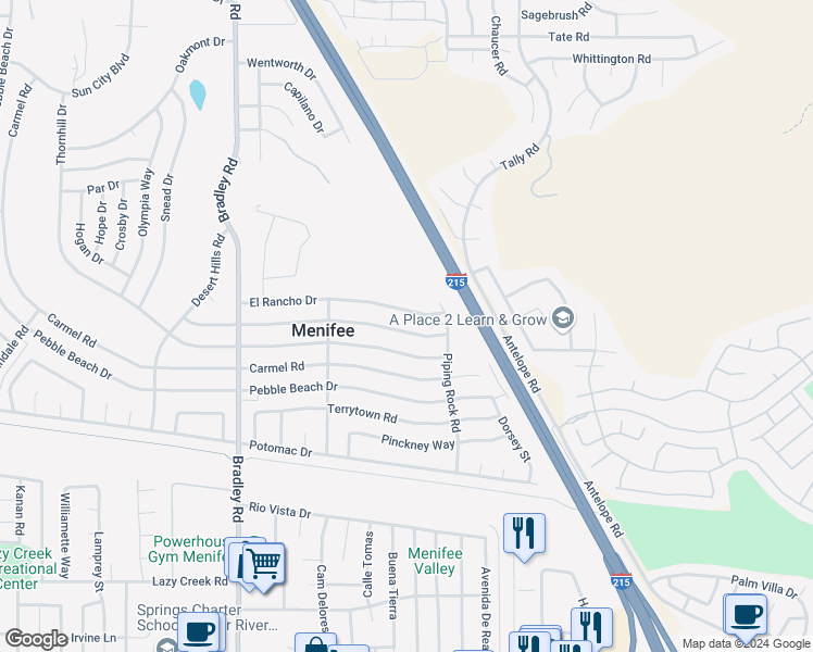 map of restaurants, bars, coffee shops, grocery stores, and more near 27370 Pinehurst Road in Menifee