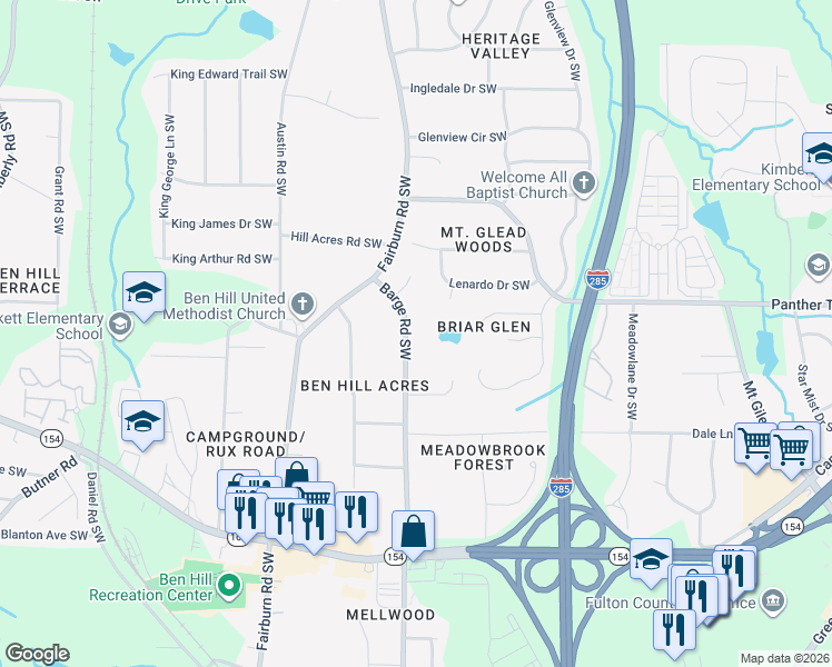 map of restaurants, bars, coffee shops, grocery stores, and more near 2116 Barge Road Southwest in Atlanta