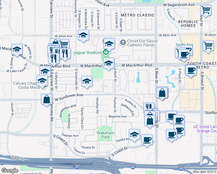 map of restaurants, bars, coffee shops, grocery stores, and more near 3716 South Santa Fe Village Drive in Santa Ana
