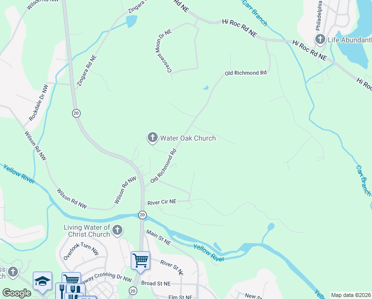 map of restaurants, bars, coffee shops, grocery stores, and more near 2079 Carr Road Northeast in Conyers