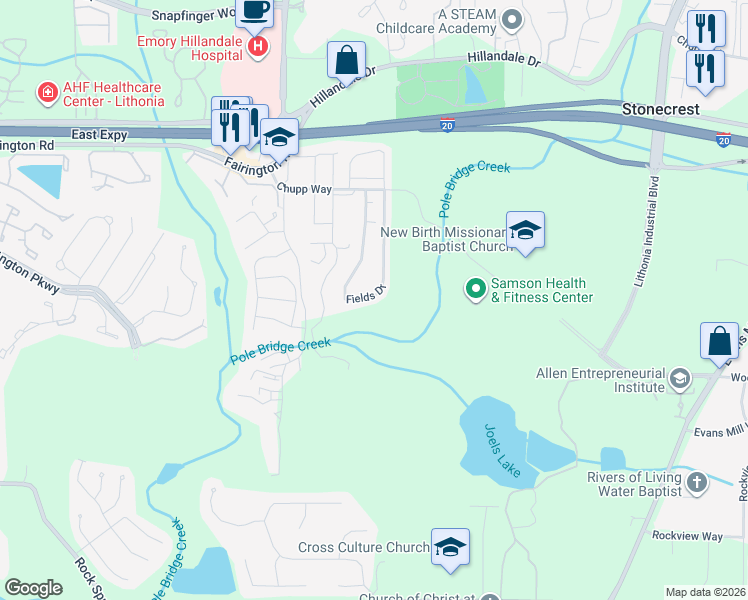 map of restaurants, bars, coffee shops, grocery stores, and more near 3031 Fields Drive in Stonecrest