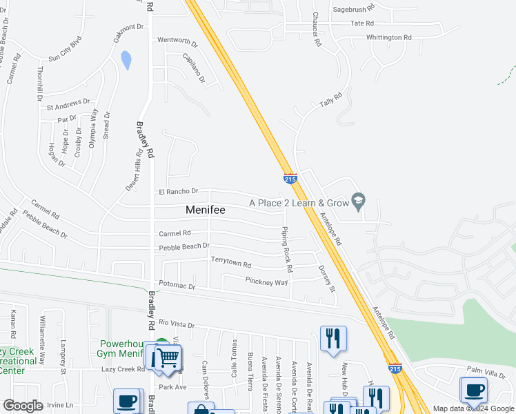 map of restaurants, bars, coffee shops, grocery stores, and more near 27370 Pinehurst Road in Menifee