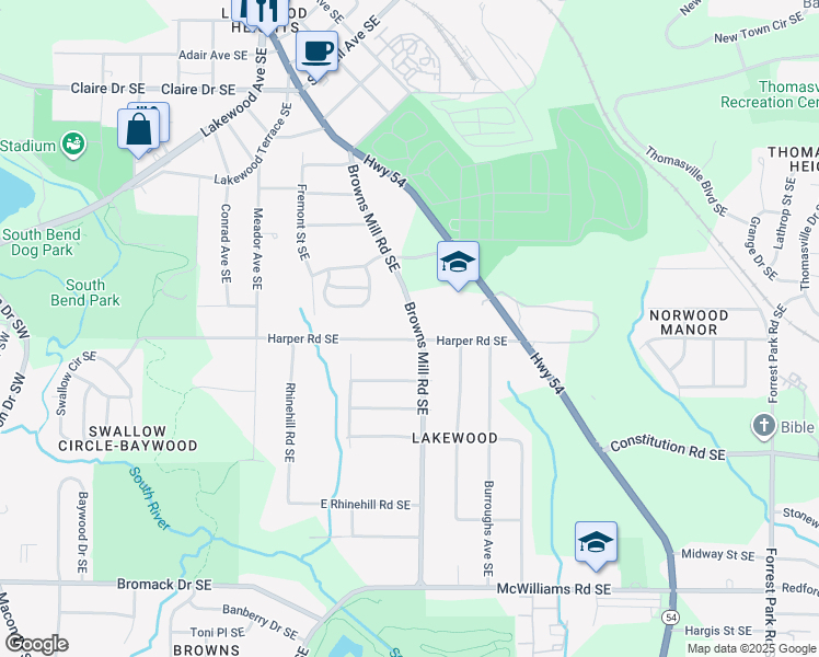 map of restaurants, bars, coffee shops, grocery stores, and more near 2085 Browns Mill Road Southeast in Atlanta