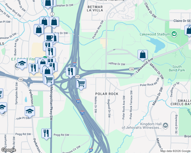 map of restaurants, bars, coffee shops, grocery stores, and more near 2493 Lakewood Avenue Southwest in Atlanta