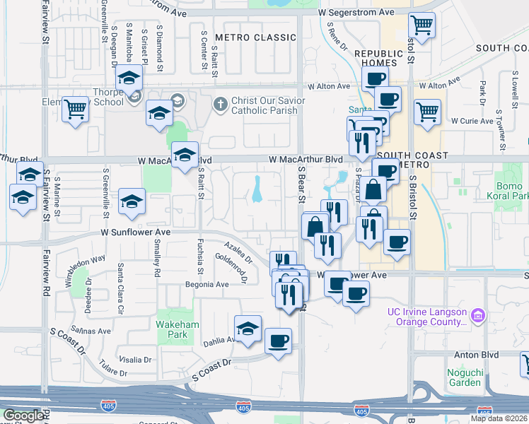 map of restaurants, bars, coffee shops, grocery stores, and more near 1912 Bay Crest Street in Santa Ana