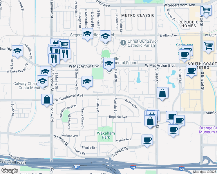 map of restaurants, bars, coffee shops, grocery stores, and more near 3716 South Santa Fe Village Drive in Santa Ana