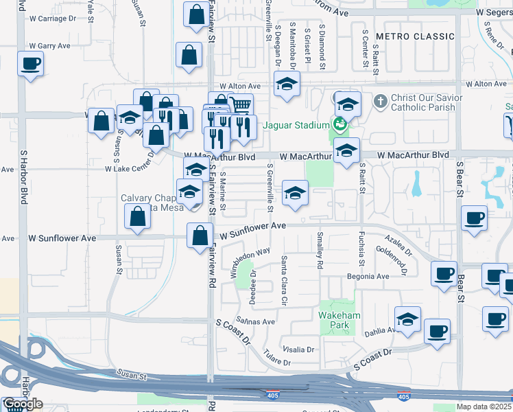 map of restaurants, bars, coffee shops, grocery stores, and more near 2608 West Aurora Street in Santa Ana