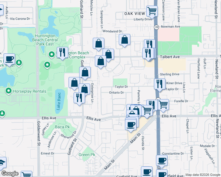 map of restaurants, bars, coffee shops, grocery stores, and more near 7602 Taylor Drive in Huntington Beach