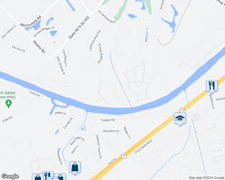 map of restaurants, bars, coffee shops, grocery stores, and more near 603 Riverwalk Drive in Myrtle Beach
