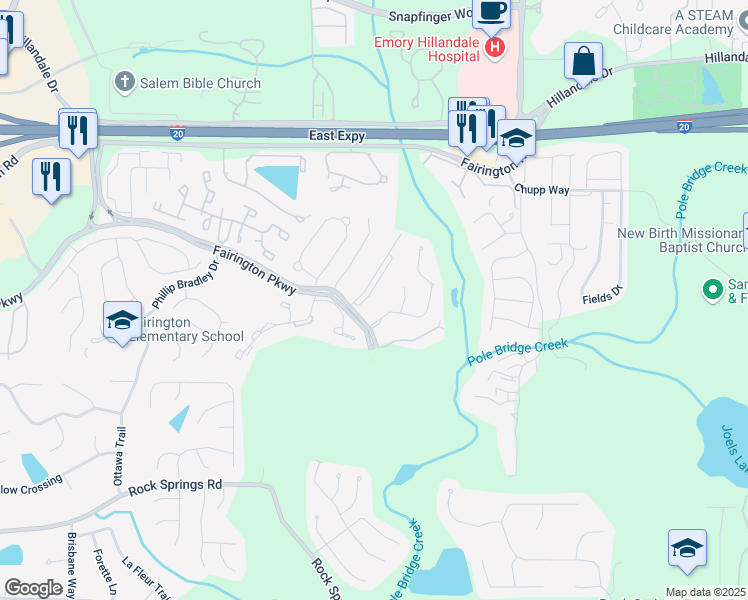 map of restaurants, bars, coffee shops, grocery stores, and more near 10202 Fairington Ridge Circle in Stonecrest