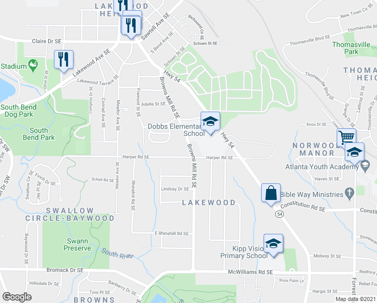 map of restaurants, bars, coffee shops, grocery stores, and more near 430 Harper Road Southeast in Atlanta