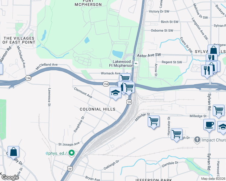 map of restaurants, bars, coffee shops, grocery stores, and more near 2103 Newnan Street in East Point