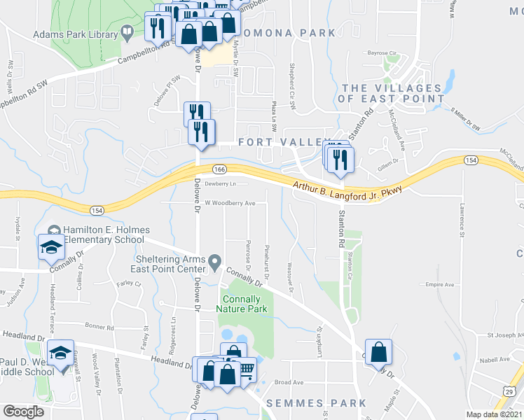 map of restaurants, bars, coffee shops, grocery stores, and more near 2106 Pinehurst Drive in East Point