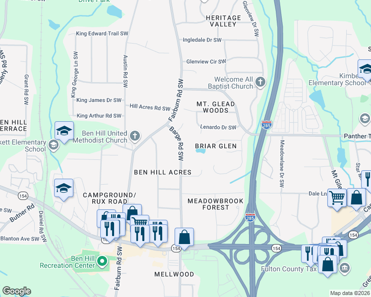 map of restaurants, bars, coffee shops, grocery stores, and more near 2116 Barge Road Southwest in Atlanta