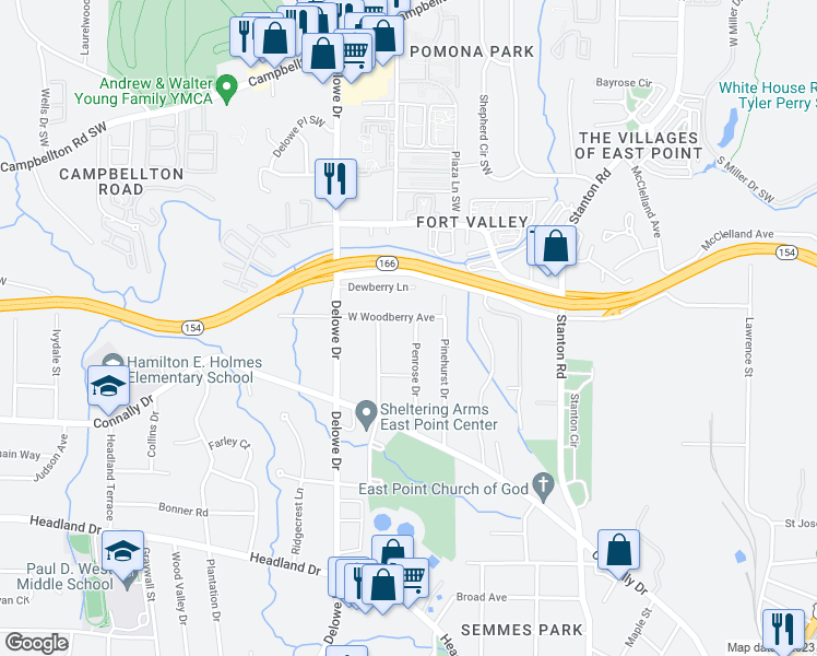 map of restaurants, bars, coffee shops, grocery stores, and more near 2115 Penrose Drive in East Point
