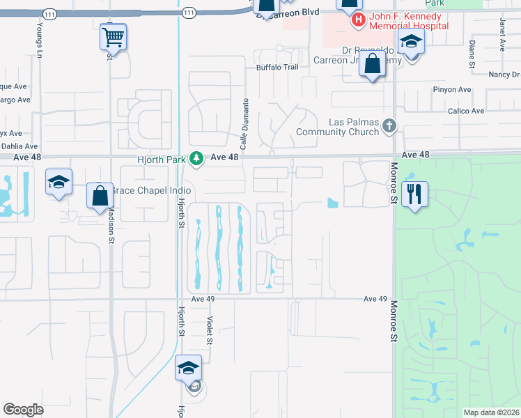 map of restaurants, bars, coffee shops, grocery stores, and more near 81620 Avenue 49 in Indio