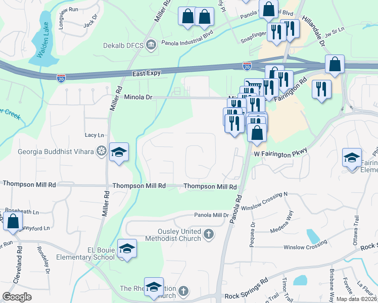 map of restaurants, bars, coffee shops, grocery stores, and more near 5144 Winding Glen Drive in Stonecrest