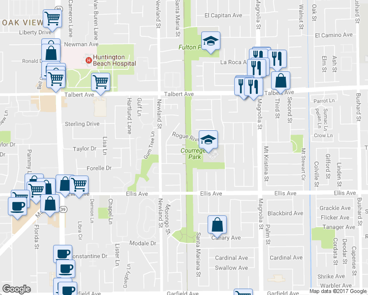 map of restaurants, bars, coffee shops, grocery stores, and more near 8598 Amazon River Circle in Fountain Valley