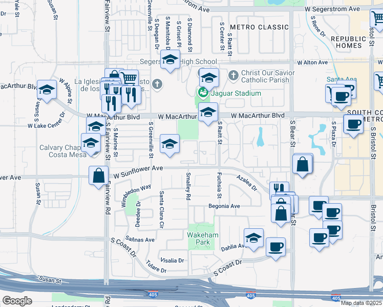 map of restaurants, bars, coffee shops, grocery stores, and more near 2501 West Sunflower Avenue in Santa Ana